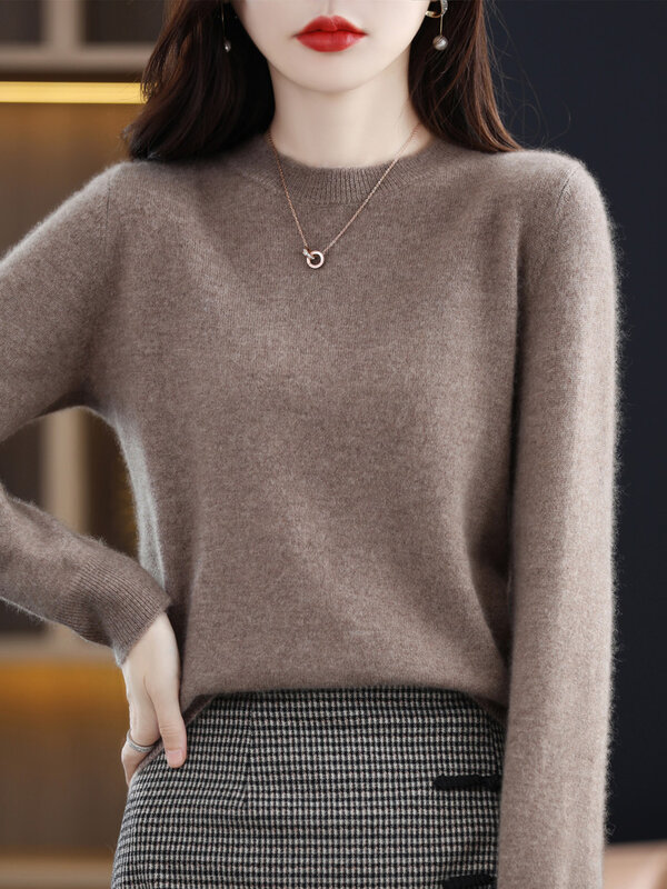 Merino Sweater wol wanita, Atasan pakaian wol lengan panjang leher O, rajut kasmir musim semi musim gugur 100%