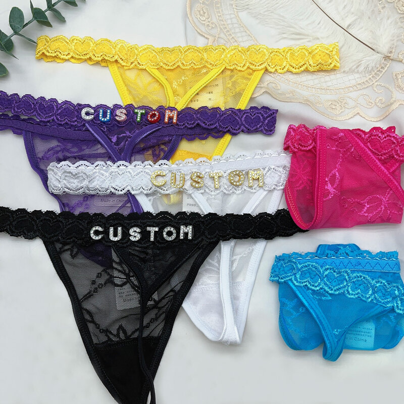 Personalisasi Thong celana dalam Thong nama khusus renda seksi DIY pakaian dalam huruf kristal wanita Bikini G String Hotwife hadiah kekasih