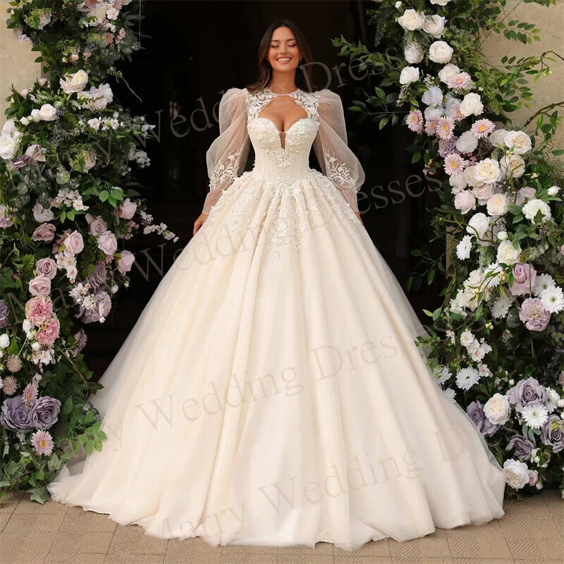 Schöne eine Linie Brautkleider faszinierende exquisite Spitze Applikation Prinzessin Stil Brautkleider lange Puff ärmel Robe de Mariée