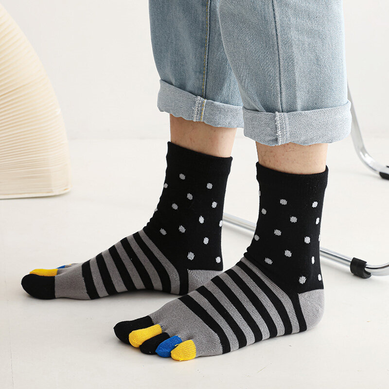 Носки мужские с пятью пальцами, хлопковые разноцветные деловые амортизирующие носки в полоску и горошек, в стиле пэчворк, большие размеры