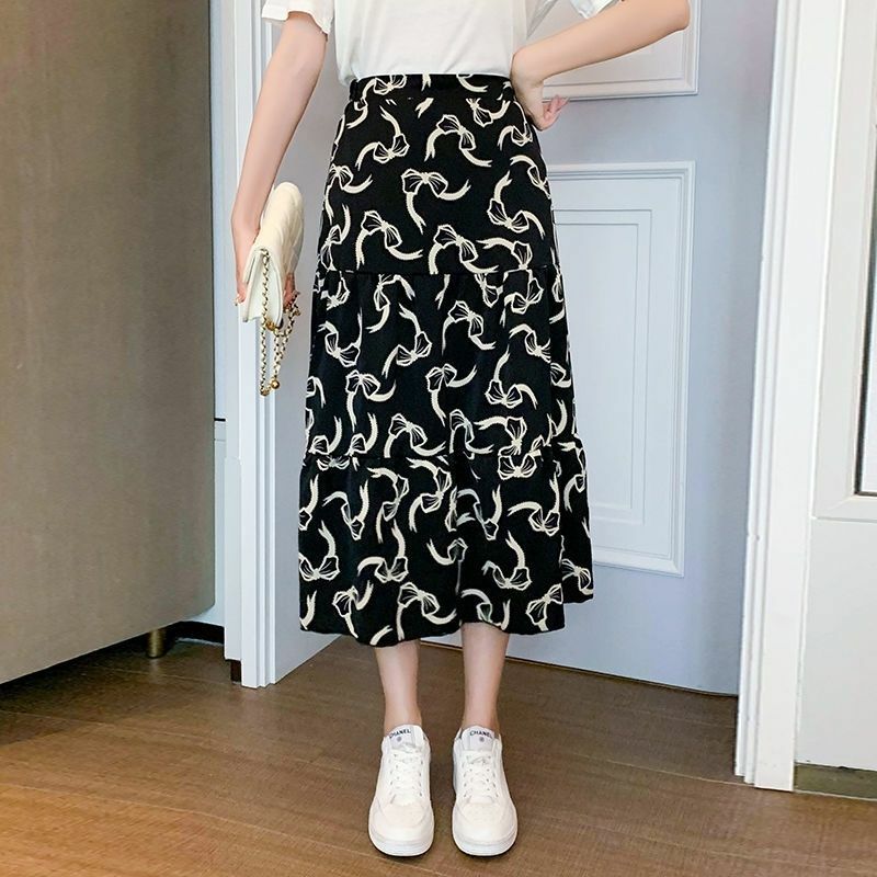 Chiffon printed half body cake skirt long high waist slimming temperament age reducing versatile skirt