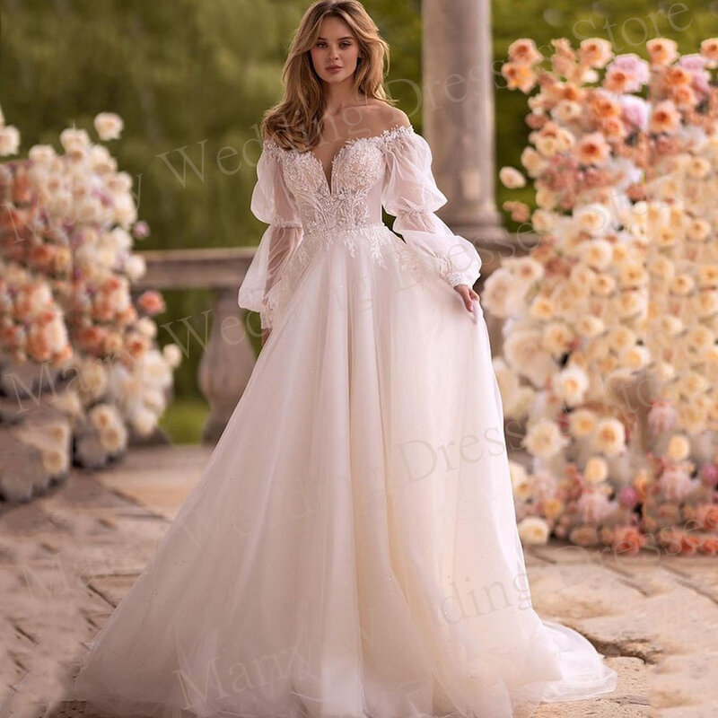Женское свадебное платье с длинными рукавами-фонариками и открытой спиной
