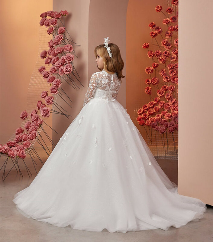 Weißes Tüll Luxus Blumen mädchen Kleid für Hochzeit geschwollene Spitze Perlen voller Ärmel boden lange Geburtstags feier Erstkommunion Kleider