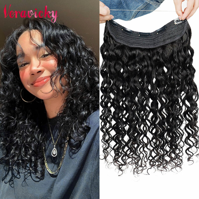 Fish Line One Piece Clips in Hair Extensions  Natural Curly wave 14“-24” 100% Human Hair with Invisible Adjustable Fish wire
