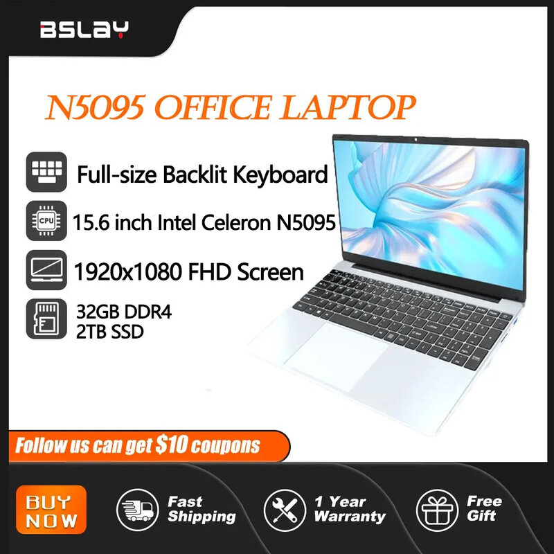 Laptop com Desbloqueio de Impressão Digital, N5095, 15,6 polegadas, 32GB, DDR4, 2TB SSD, Windows 11, Teclado Retroiluminado, 4 Threads, Câmera HD, BT4.2, PC