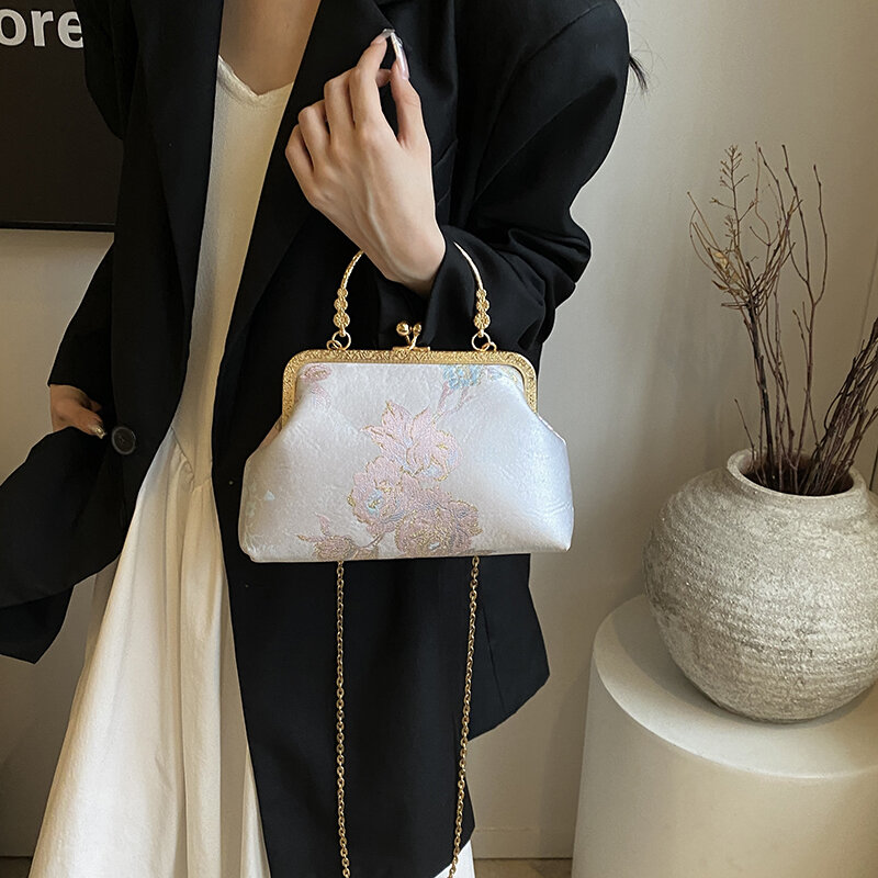 Chinese Style Small Silk Shoulder Bags for Women 2024 Luxury Designer Fashion Handbags and Purses Quality Chain Crossbody Bag