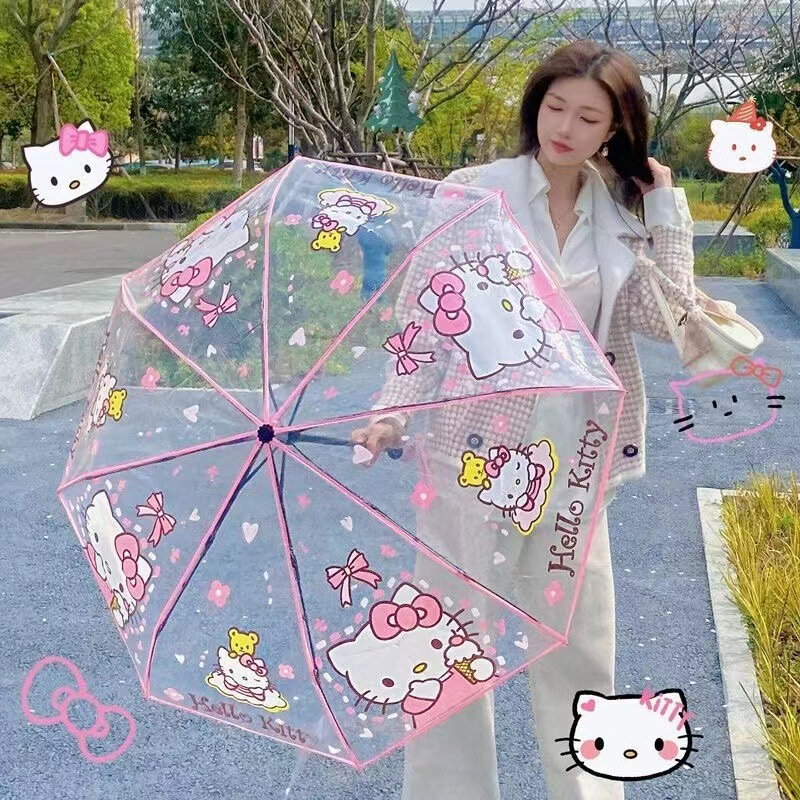 Sanrio-paraguas plegable de dibujos animados para estudiantes, sombrilla automática de Hello Kitty Kuromi Mymelody Cinnamoroll, Kawaii