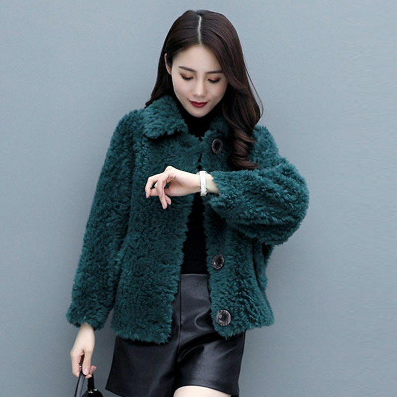 Casaco feminino integrado de couro e pele, casaco de imitação de cordeiro, casaco curto solto, estilo coreano, outono e inverno