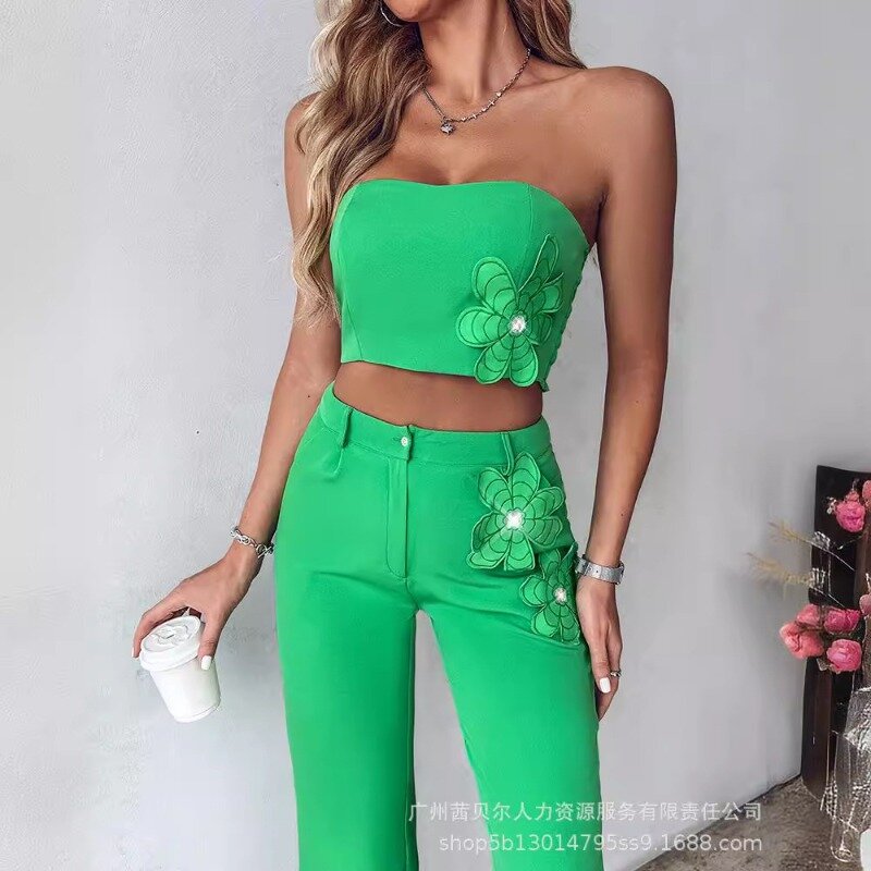 Spring Summer New Slim Fit Rhinestone Applique Two-Piece Suit Women Strapless Backless Short Top High Waist Flared Pants Suit