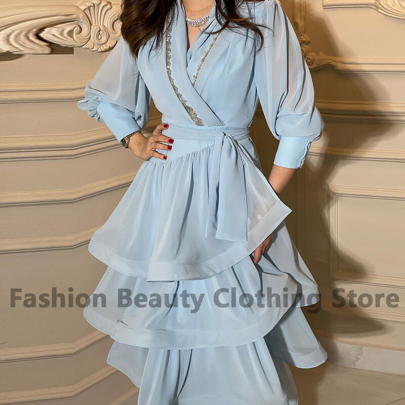Vestido feminino de manga comprida em chiffon, aplique decote v, camadas, comprimento de chá, botão, elegante, Dubai, clássico