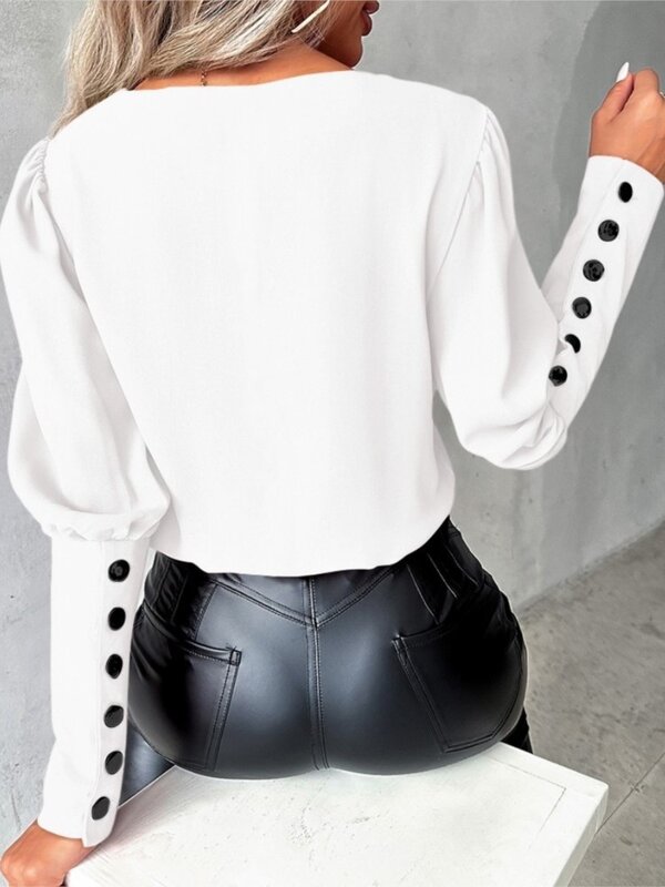 Blusa blanca de manga larga con cuello en V para mujer, Jersey informal elegante para oficina, Tops rosas, 2024