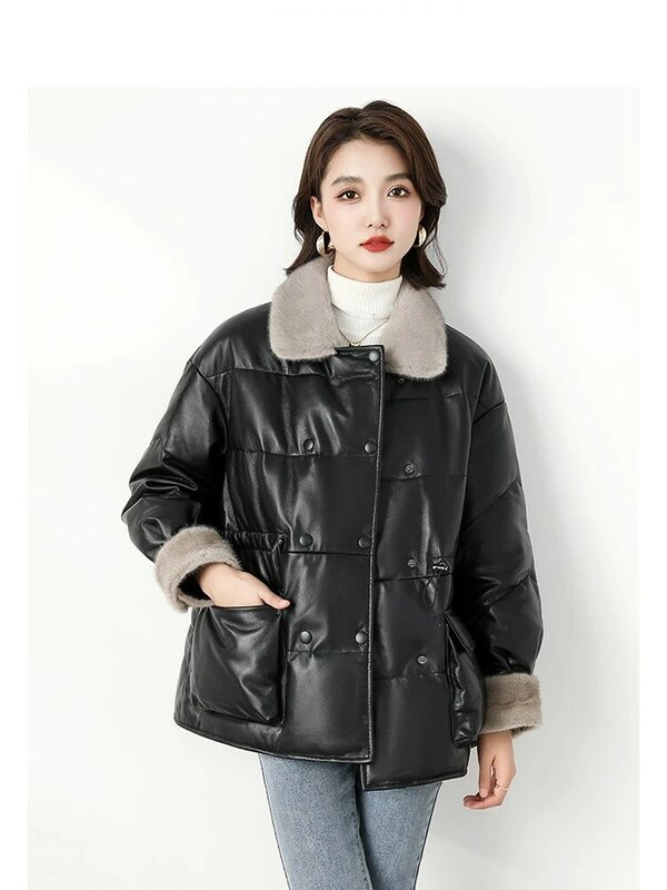 AYUNSUE – doudoune d'hiver en cuir véritable pour femme, manteau à col en fourrure de vison, bouffant, chaud, Abrigos Mujer