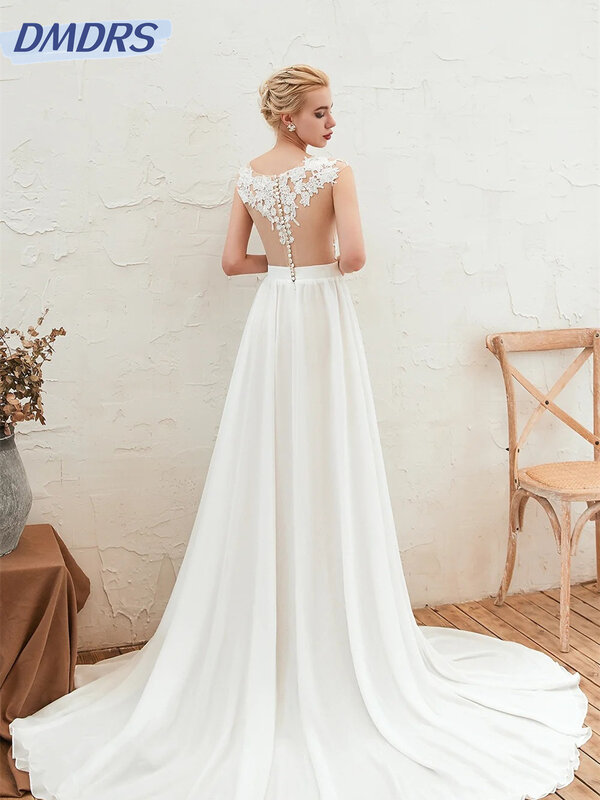 Seksowne suknie ślubne bez rękawów 2024 efektowna, głęboka suknia ślubna z dekoltem w serek romantyczna sukienka o długości podłogi Vestidos De Novia