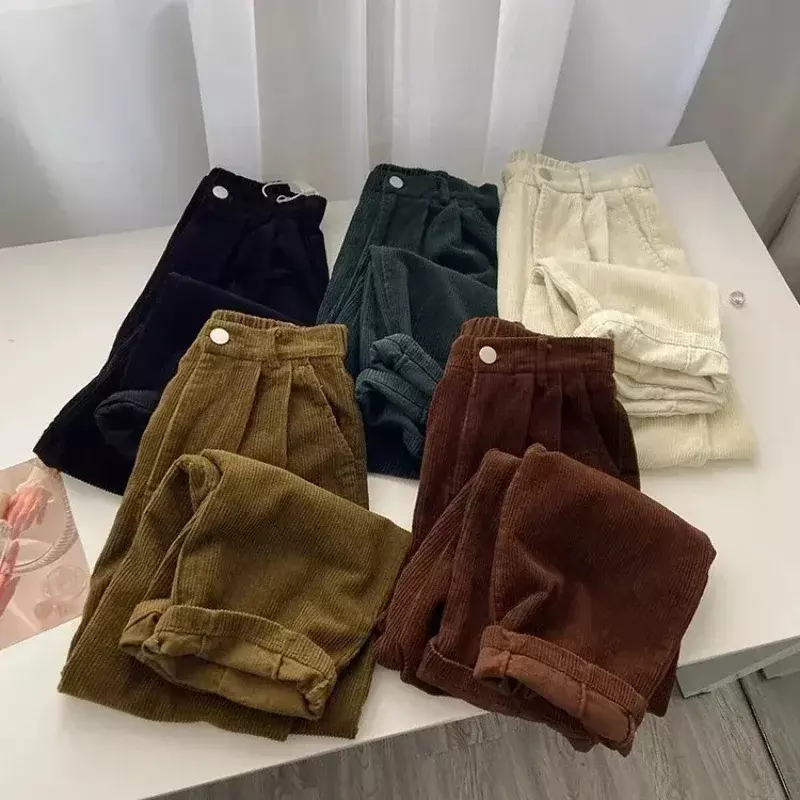 Retro High Waist Corduroy Pants Women Spring Fall Straight Causal Full Length Trousers Korean Fashion Baggy Outwear Pant 2024
