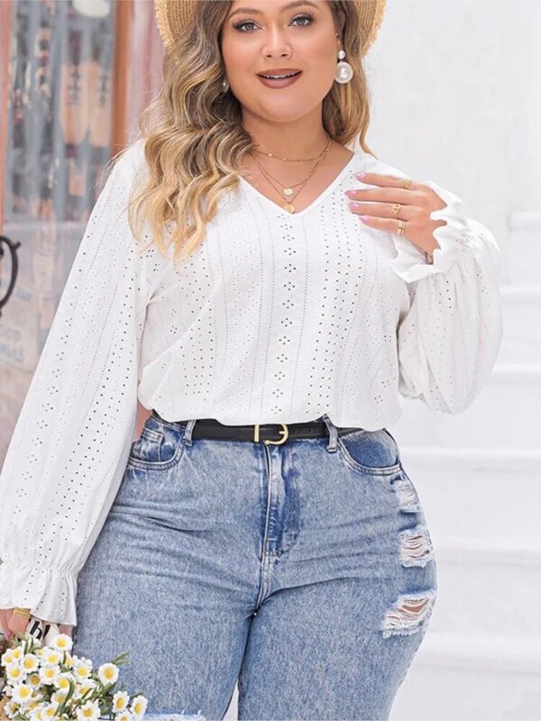 Plus Size Spring V-Neck Shirts Tops Women Hollow Out Modis Casual Pleated Ladies Cropped Blouses Lantern Long Sleeve Woman Tops