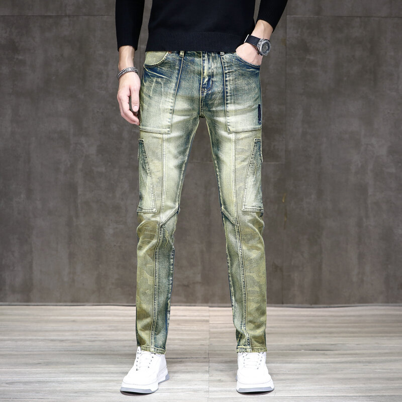 Jeans de motocicleta retrô angustiado masculino, high-end, pequeno, moda reta, tudo-jogo, fino, stretch, casual, calças de rua