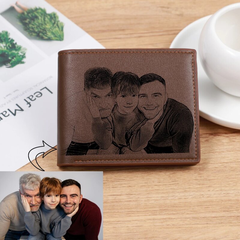 Spersonalizowany portfel męski wysokiej jakości PU skóra dla niego grawerowane portfele mężczyźni krótka torebka niestandardowy portfel fotograficzny dzień ojca prezent