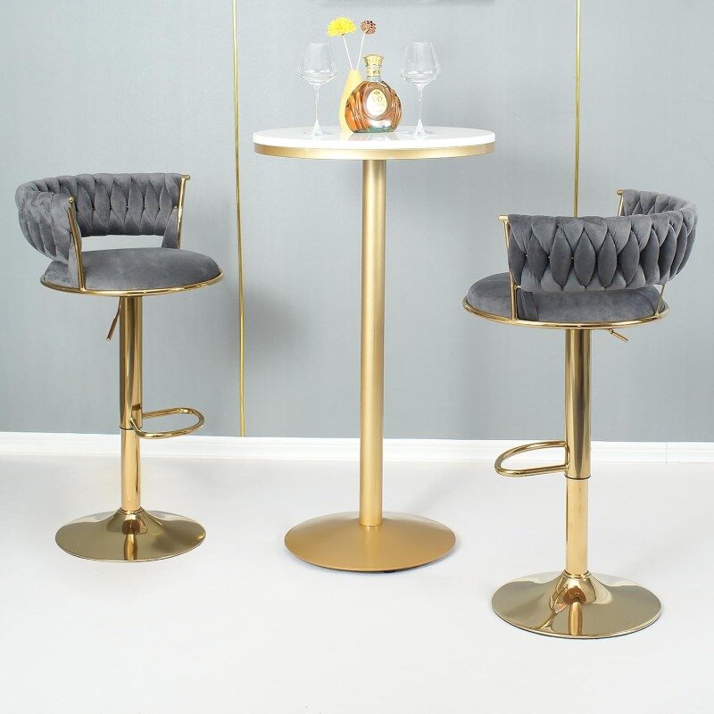 Modern Gold Velvet Bar Stools - Set of 2 Counter Height Woven Barstools with Swivel, Adjustable Height, and Backs. Kitchen