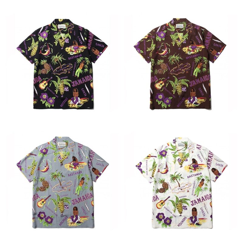 Camisa de manga corta para hombre y mujer, camisa de manga corta con patrón de gente de árbol de coco, WACKO MARIA, la mejor calidad, Tops Hawaianos para vacaciones de verano
