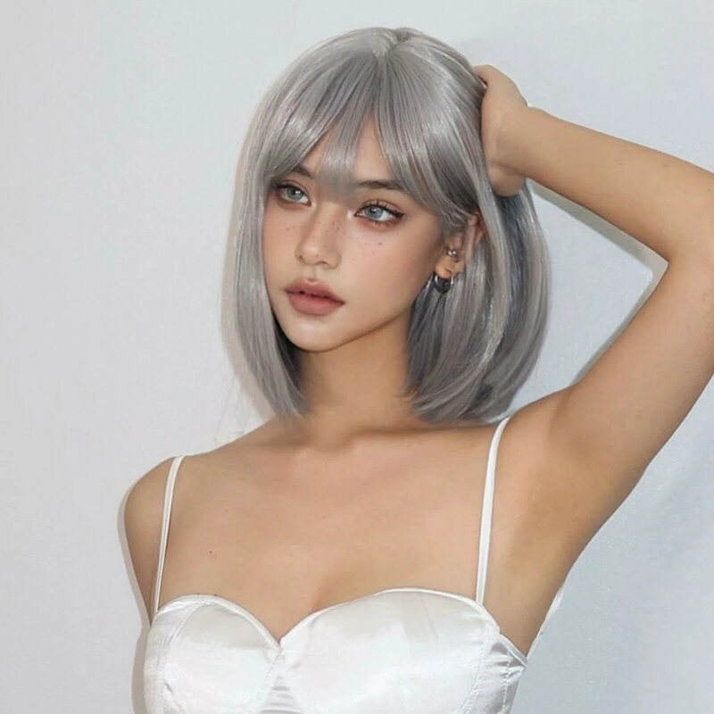 LOUIS FERRE srebrno-szare peruki syntetyczne dla kobiet krótkie proste włosy w stylu Bob peruki z grzywką codzienne Cosplay włókna włosów peruki dla dziewczynek