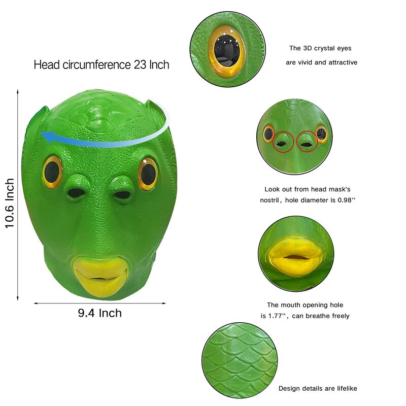 ปลาสีเขียวหน้ากากตลกหน้ากาก Latex สัตว์ Face Mask สำหรับ Halloween Masquerade Party เครื่องแต่งกาย Disguise คอสเพลย์จัดเลี้ยงแฟนซีหมวกปลา