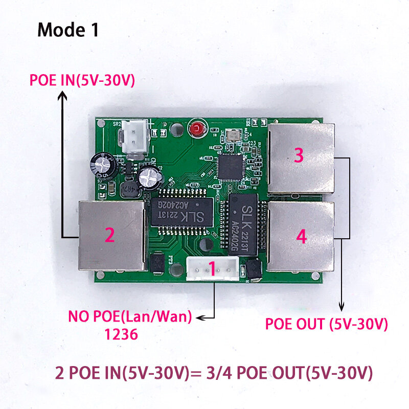 Công Suất Ngược Cung Cấp Nguồn PoE Switch PoE In/OUT5V/12V/24V 75W/2 = 38.5W 100 Mbps 802.3AT 45 + 78- DC5V ~ 30V Dài Khoảng Cách Dòng Lực Lượng PoE