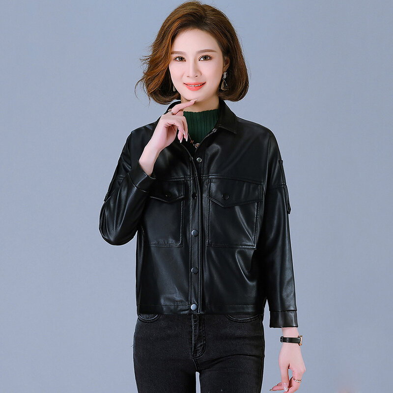 New Women Black Leather Jacket Spring Autumn Fashion Single Breasted Long Sleeve Sheepskin Jacket Plus Size Split Leather Coat