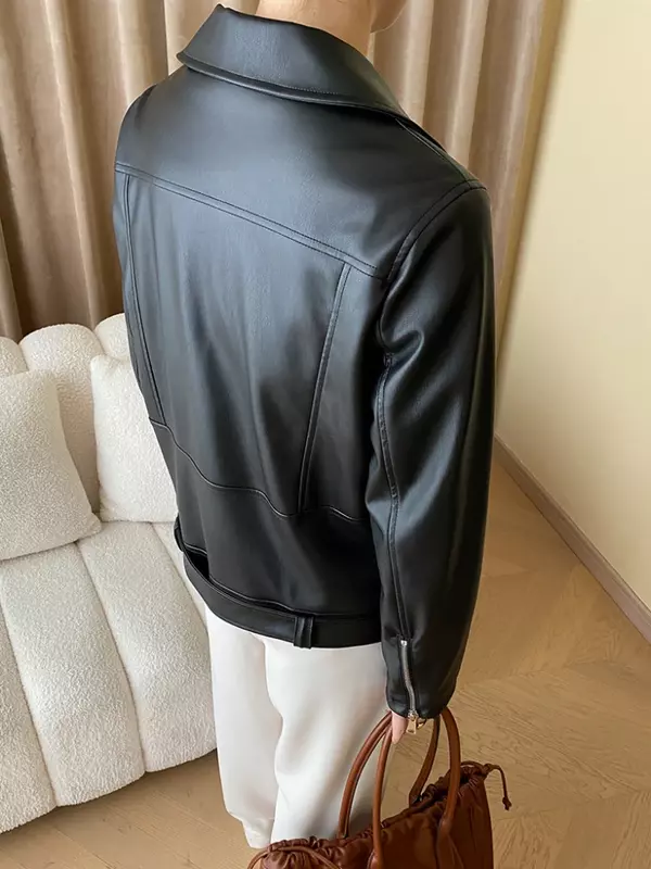 Простая мотоциклетная кожаная куртка для женщин, весна-осень 2023, трендовая уличная одежда, повседневное однотонное пальто из искусственной кожи с ремнем