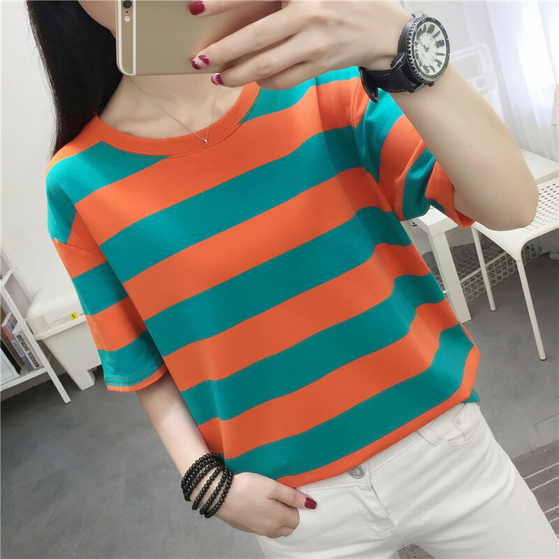 2024 New Striped Short Sleeve T-shirt Ladies Contrast Color Striped Women Top Bottom Shirt T-shirt For Female Tops