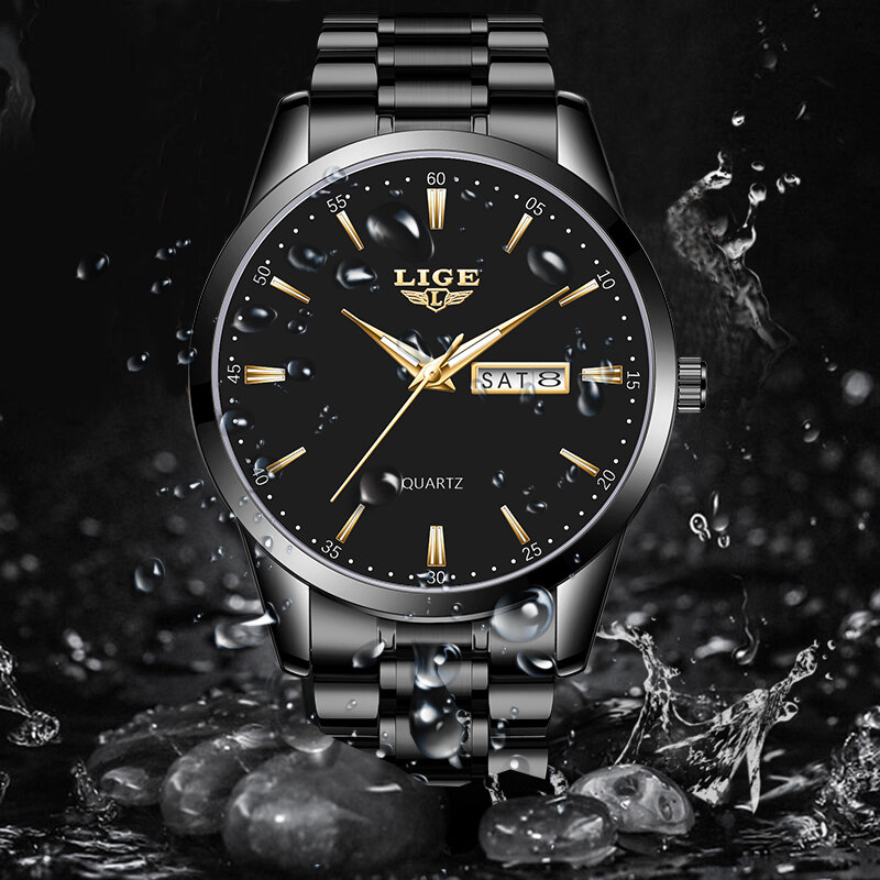 LIGE 패션 럭셔리 쿼츠 남성 시계, 브랜드 비즈니스 스테인레스 스틸 시계, 캐주얼 스포츠 발광 방수 시계, 손목시계