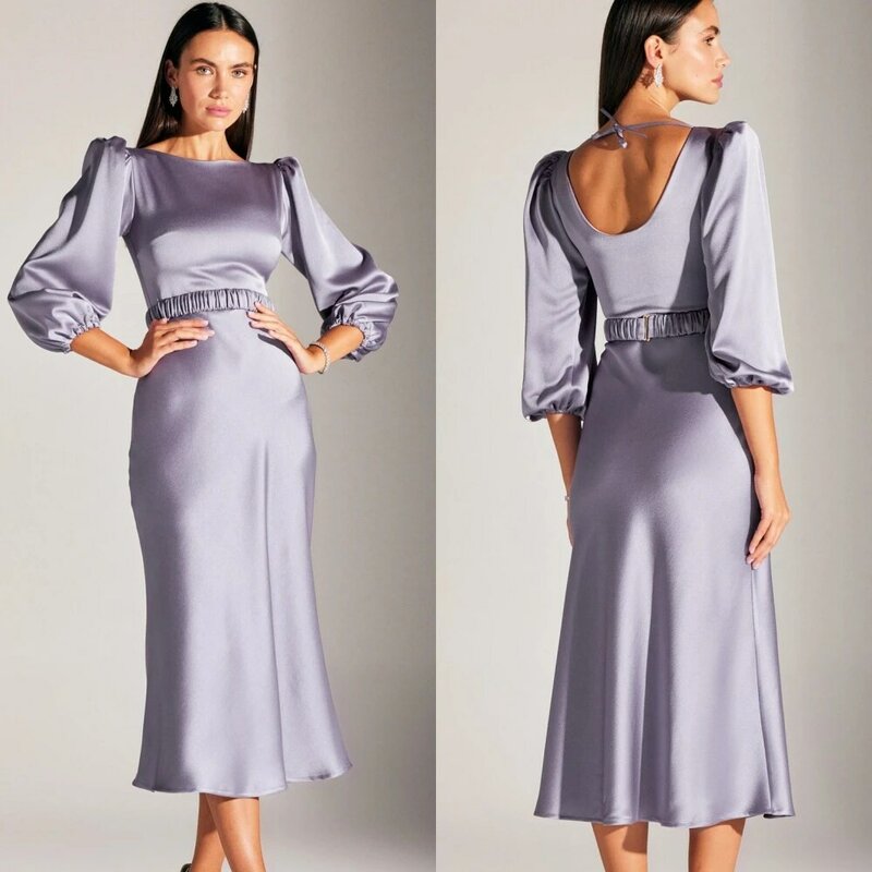 Satin Pleat  Homecoming Sheath Scoop Neck Bespoke Occasion Gown Midi Dresses