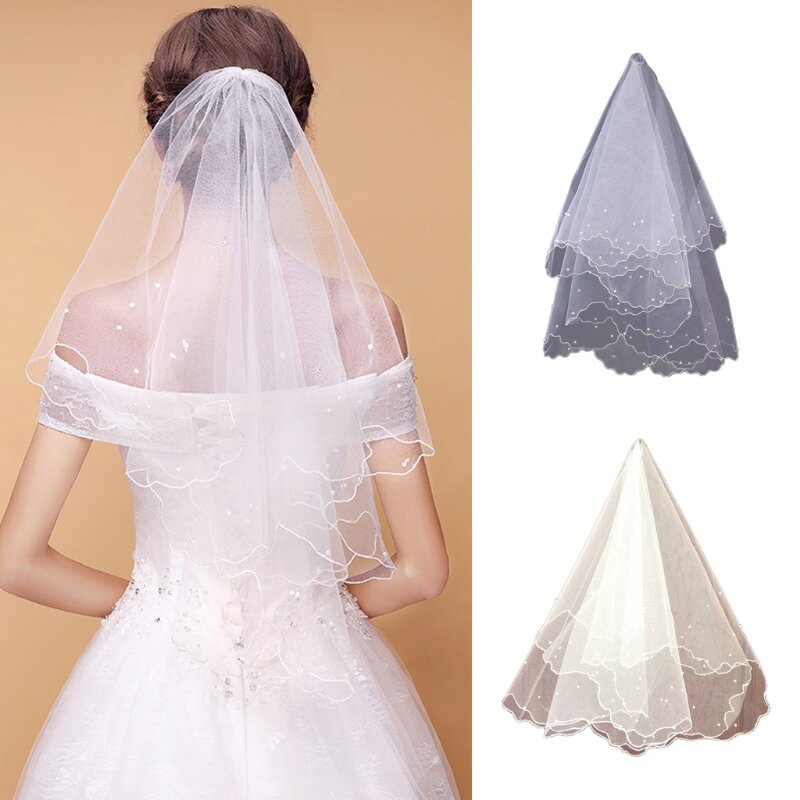 652F Wedding Bridal Veil 1 Tier Cut Edge Fingertip Length Imitation Pearl Beaded Short Tulle Veils Hair Accessories for Women