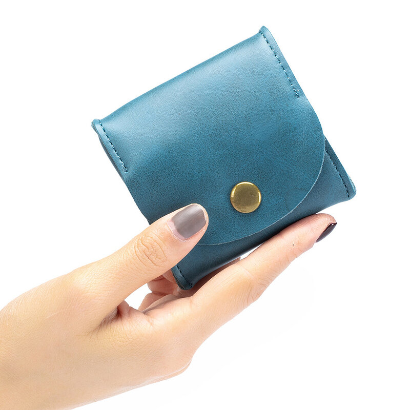 Fashion Simple Compact Mini Leather Coin Wallet Button Folding Cowhide Change Purse Headphones Small Object Storage Bag