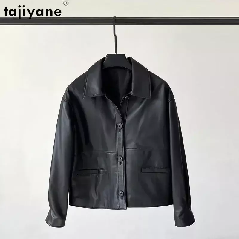 Tajiyane-女性用本革ジャケット,シングルブレストシープスキン,レザーコート,スクエアカラー,レトロスタイル,バイカーコート