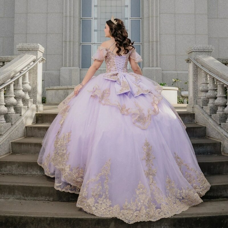 Vestidos Quinceanrra Prom, Apliques de contas douradas, Gracioso fora do ombro princesa, Longo roxo brilhante doce 16 vestido