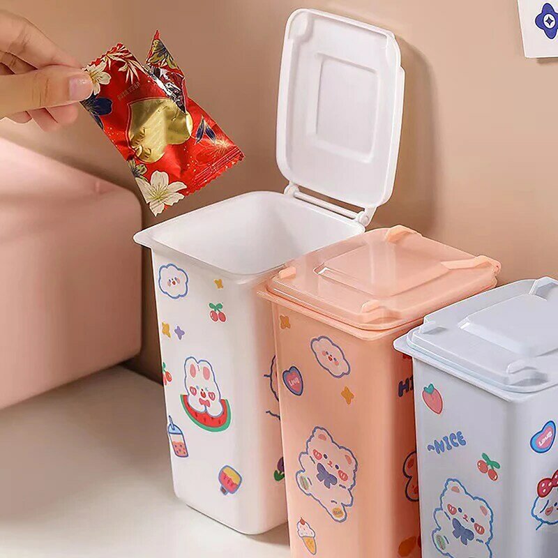 Mini cestino da tavolo 4 colori scatola di immagazzinaggio della spazzatura tavolino da salotto con coperchio piccolo cestino di carta sacchetto di immondizia di plastica