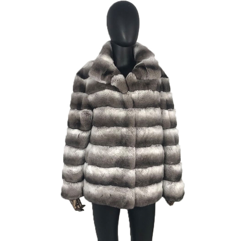 Cappotto di pelliccia di cincillà giacca vera pelliccia di coniglio capispalla colletto alla coreana soprabito di alta moda