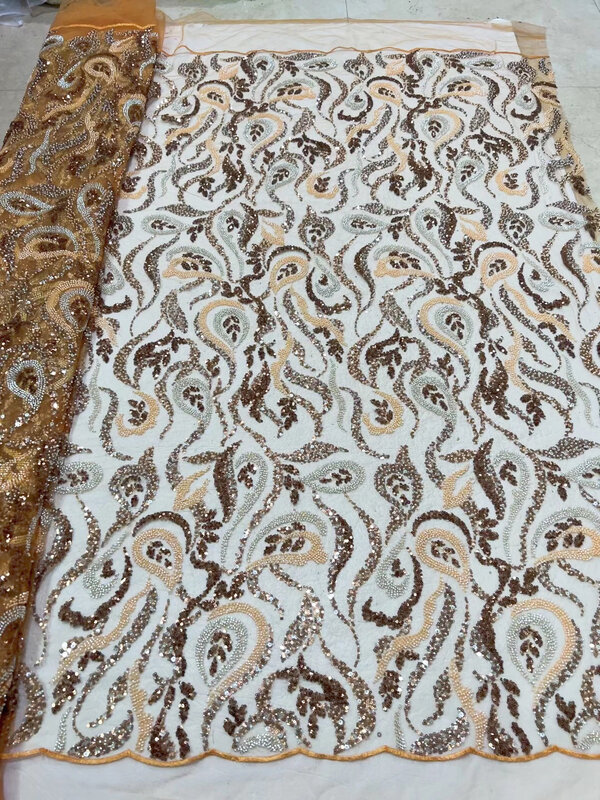 Tela de encaje africano de alta calidad para vestidos de fiesta, tejido de malla con bordado de lentejuelas de Color, 5 yardas, 2024