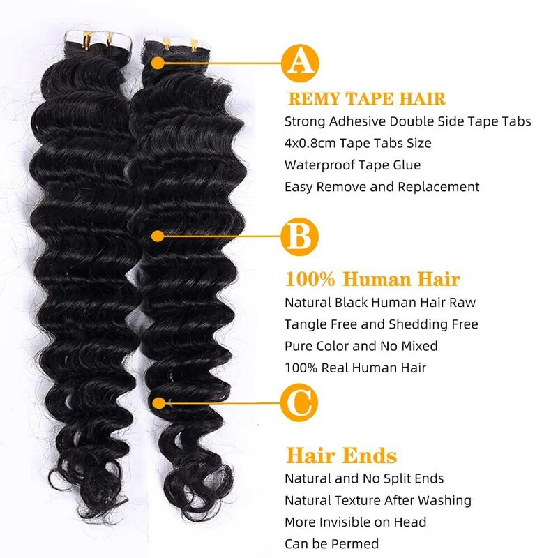 Cinta de onda profunda en extensiones de cabello humano para mujeres negras, Cabello 100% Humen Remy, cinta de trama de piel de 16-26 pulgadas, Ins, negro Natural # 1B