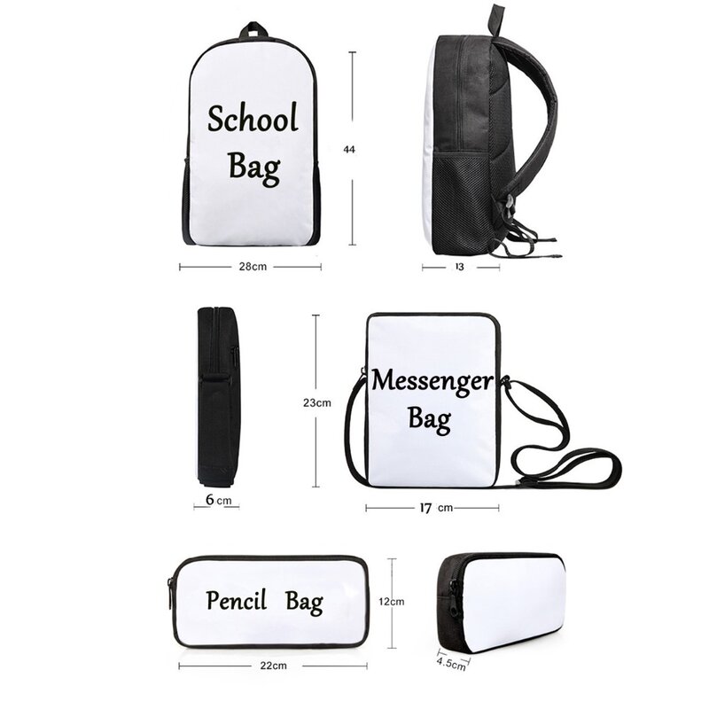 ใหม่3D กระเป๋าสีดำม้าสีขาวพิมพ์เป้สะพายหลังวัยรุ่นเด็กหญิงเด็กชาย3PCS ชุดกระเป๋าหนังสือ Rucksack กระเป๋าใส่ข้าวกลางวัน