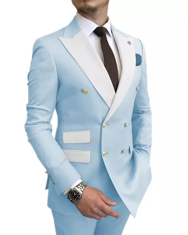 Fato de smoking azul claro masculino, trespassado duplo, jaqueta para fumar, calça, botões dourados, vestido, noivo, casamento, festa, fantasias