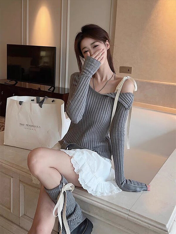 Fashion Knitted Pullover Women Street Vintage Lace-up Long Sleeve Female Sweater 2024 Spring All-match Slim Solid Lady Knitwear