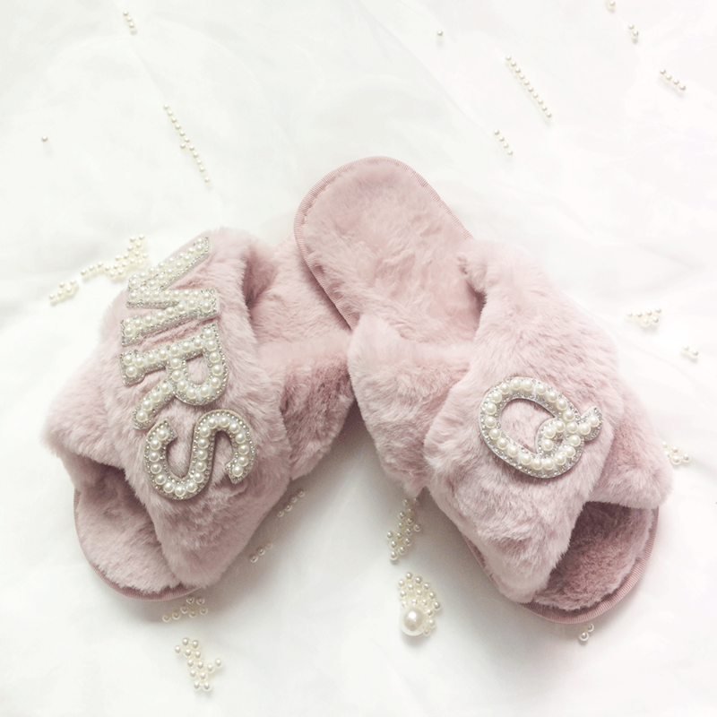 Women Slippers MRS A-Z Fluffy Cross Pearls Slippers Spa Slippers for Bridal Initials Wedding Day Bachelorette Party Slippers Set