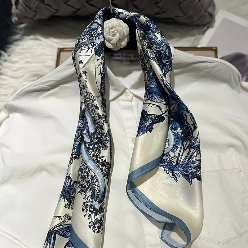 BYSIFA|Blue 100% Silk Scarf Hijab Women Fashion Brand Accessories Square Scarves Foulard Butterfly Silk Scarf Bufandas 65*65cm