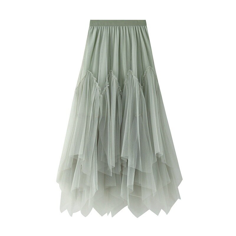 Women Irregular Long Tulle Skirt Ladies High Waist Ankle-Length Tutu Maxi Skirts Beige Green Female Faldas Jupe Femme Skirt Q921