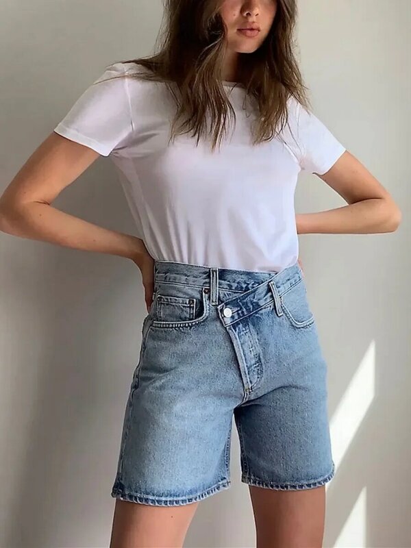 Women Denim Shorts Asymmetrical Oblique Buttons Summer New Fashion Straight High Waist Short Jeans