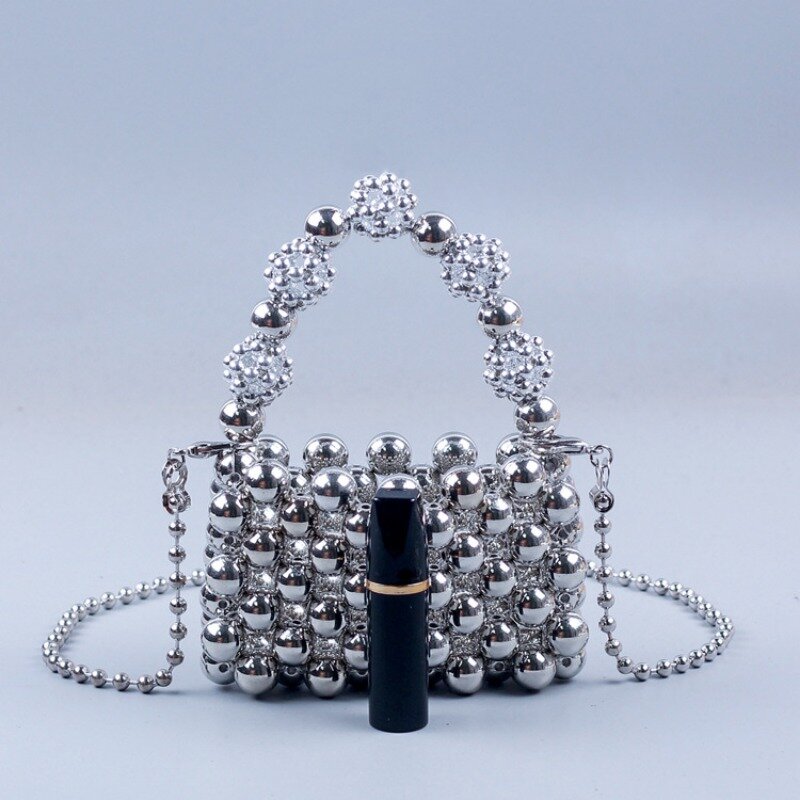 Мини-сумка, дизайнерская электрическая Серебристая ручная плетеная сумочка из бисера, женская свадебная сумка для помады, сумка через плечо с ажурной цепочкой 2023