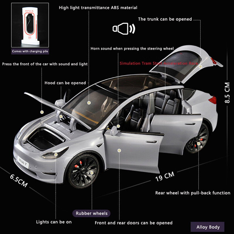1:24 simulación de Tesla, modelo de coche de aleación, nuevo vehículo de energía, sonido y luz, tire hacia atrás, colección de coches de juguete, regalo de decoración