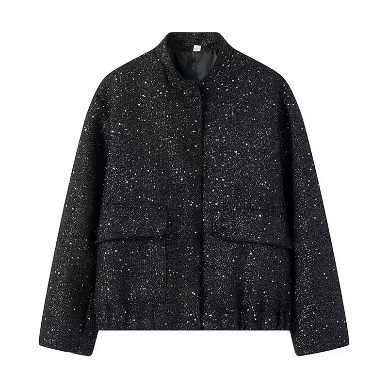 Giacca oversize con paillettes nera donna collezione 2024 moda filo di metallo cappotto manica lunga Bomber giacca collo autunno