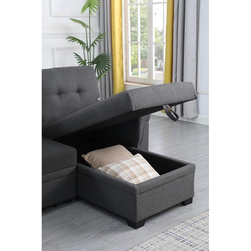 Секционный диван-трансформер L-образной формы 84 дюйма, с местом для хранения и стеганными подушками, двухсторонний с 3-х местным льняным покрытием
